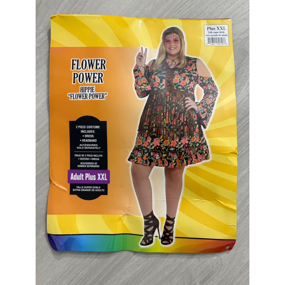 Flower Power Hippie Women Costume Dress Plus Floral Bell Sleeve with Jewelry XXL